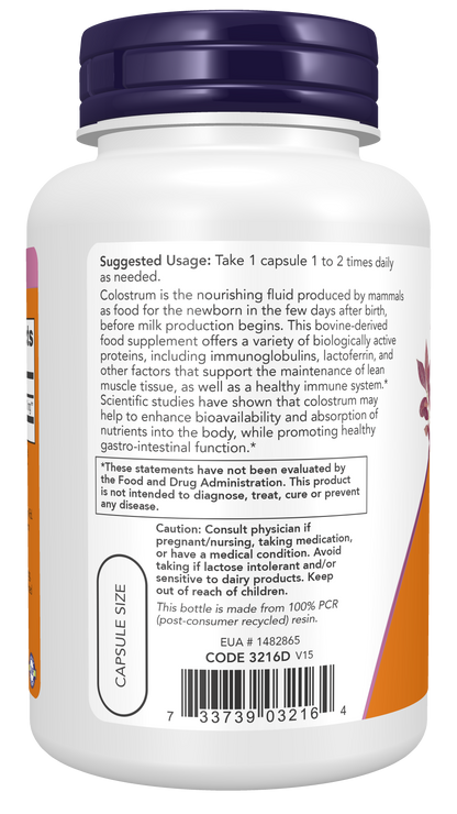 NOW Supplements, Colostrum 500 mg, Naturally occurring Immunoglobulins and Lactoferrin, 120 Veg Capsules