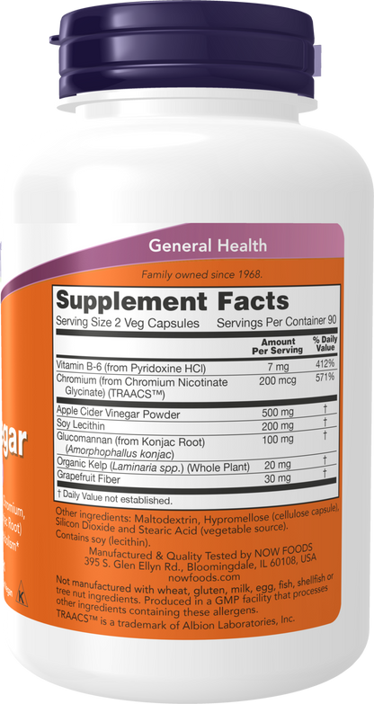 NOW Supplements, Cider Vinegar, w/ Grapefruit, Lecithin, B-6, 180 Veg Caps