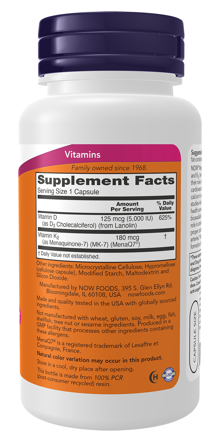 NOW Supplements, Mega D-3 & MK-7, 5000 IU / 180 mcg, 120 Caps