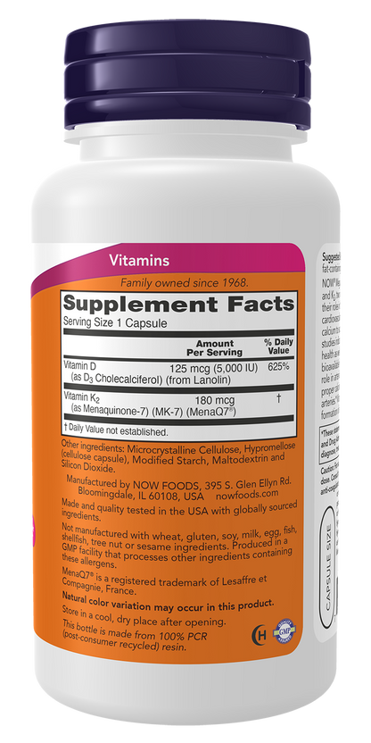 NOW Supplements, Mega D-3 & MK-7, 5000 IU / 180 mcg, 120 Caps