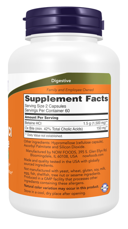 NOW Supplements, Betaine HCl & Ox Bile, 1,500 mg Betaine HCl, Digestive Health Support, Healthy Gastric pH and Fat Digestion Support*, 120 Capsules