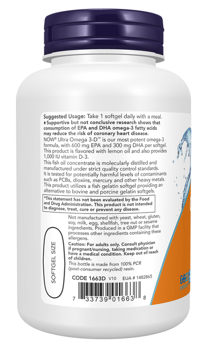 NOW Supplements, Ultra Omega 3-D™, Omega-3 Fish Oil, 90 Softgels