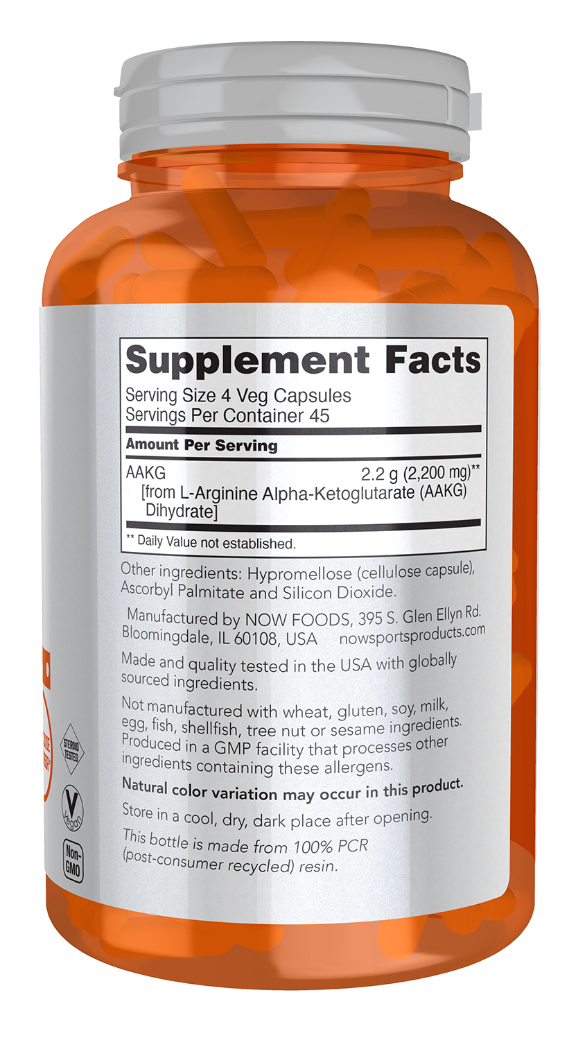 NOW Sports, AAKG 2200, Arginine, Energy Production*, 180 Veg Caps