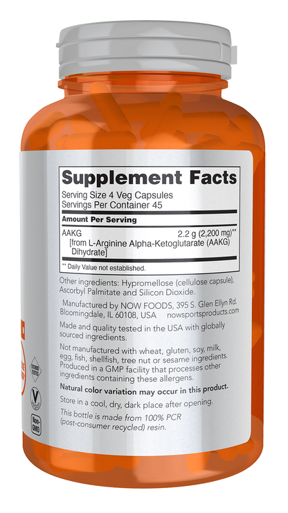 NOW Sports, AAKG 2200, Arginine, Energy Production*, 180 Veg Caps