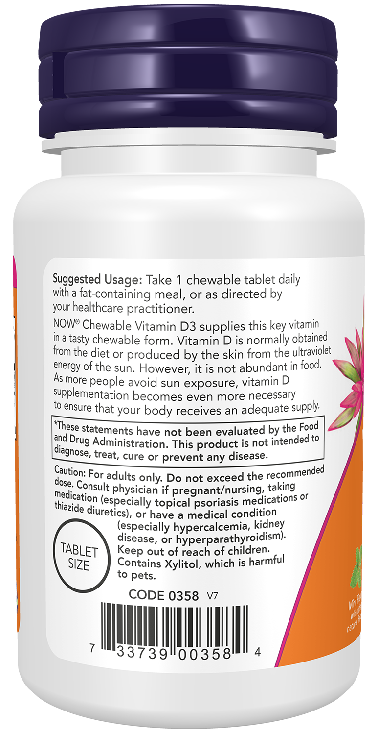 NOW Supplements, Vitamin D-3 5,000 IU, Mint Flavor, 120 Chewables