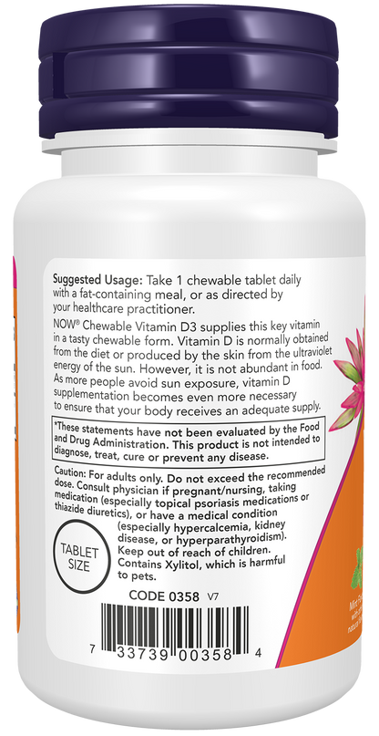 NOW Supplements, Vitamin D-3 5,000 IU, Mint Flavor, 120 Chewables