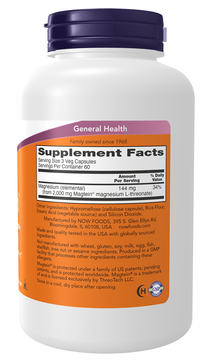 NOW Supplements, Magtein® with patented form of Magnesium, 180 Veg Caps