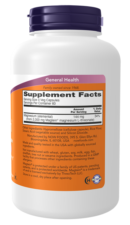 NOW Supplements, Magtein® with patented form of Magnesium, 180 Veg Caps