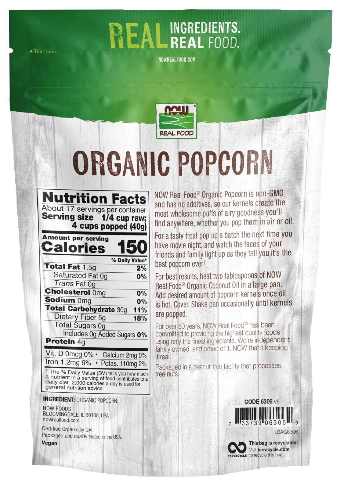 NOW Foods, Organic Popcorn, No Additives or Preservatives,  24 oz