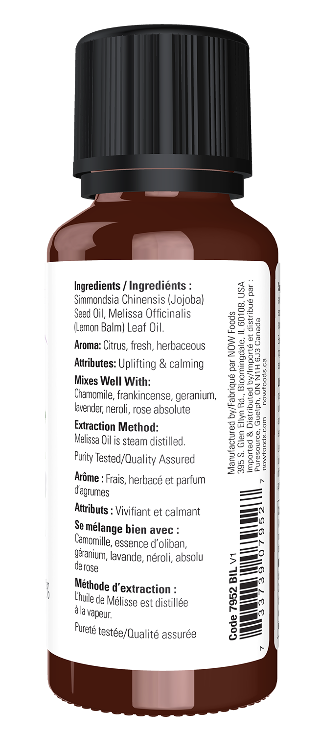 NOW Essential Oils, Melissa (Lemon Balm) Oil Blend with Jojoba, 1 fl. oz