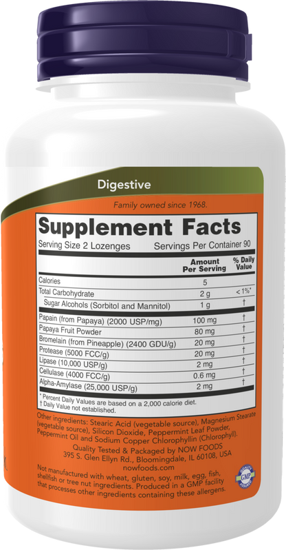 NOW Supplements, Papaya Enzyme, Mint & Chlorophyll, 180 Chewable Lozenges