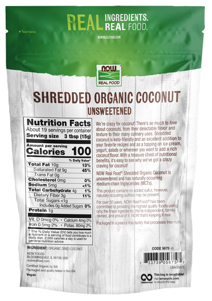 NOW Foods, Organic Coconut, Unsweetened & Shredded, 10 oz