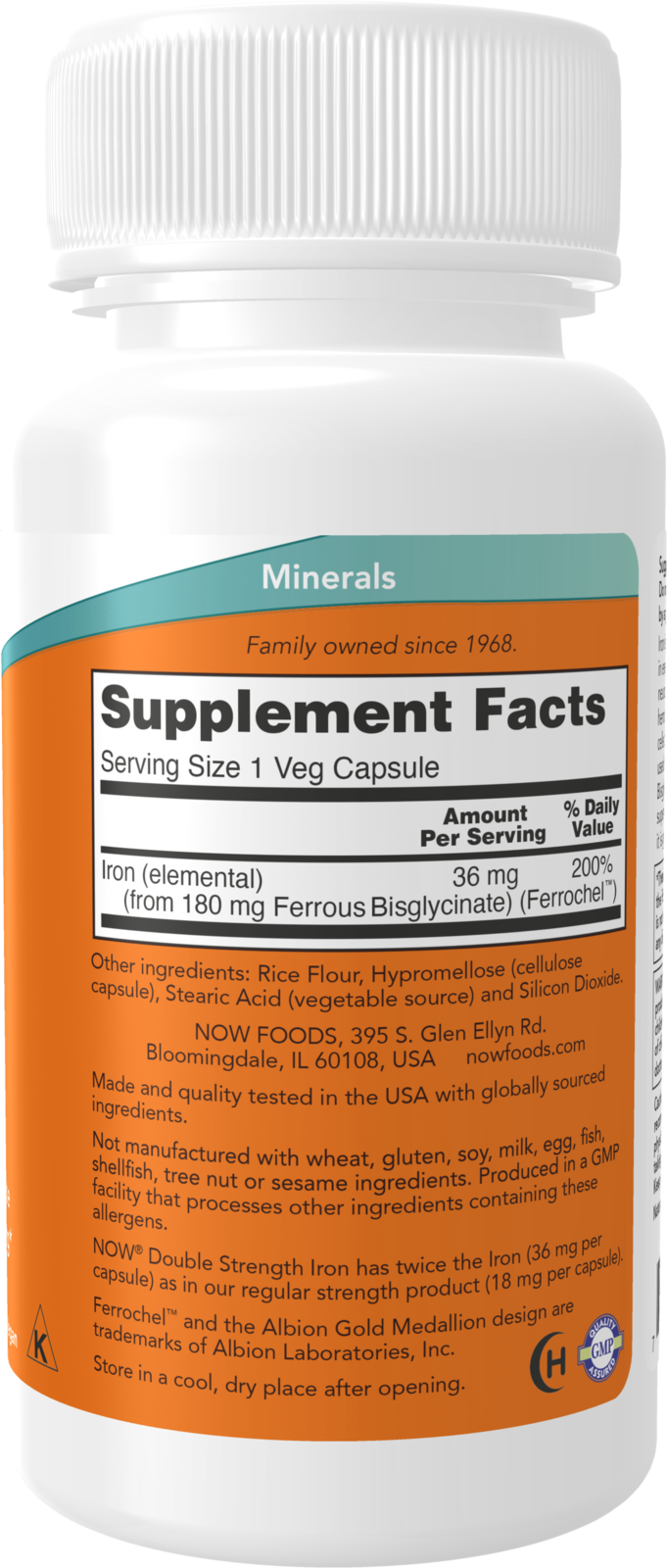 NOW Supplements, Iron 36 mg, Non-Constipating*, 90 Veg Caps