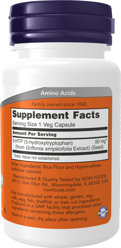 NOW Supplements, 5-HTP (5-hydroxytryptophan) 50 mg, 30 Veg Caps