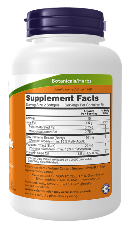 NOW Supplements, Pygeum & Saw Palmetto with Pumpkin Seed Oil, 120 Softgels