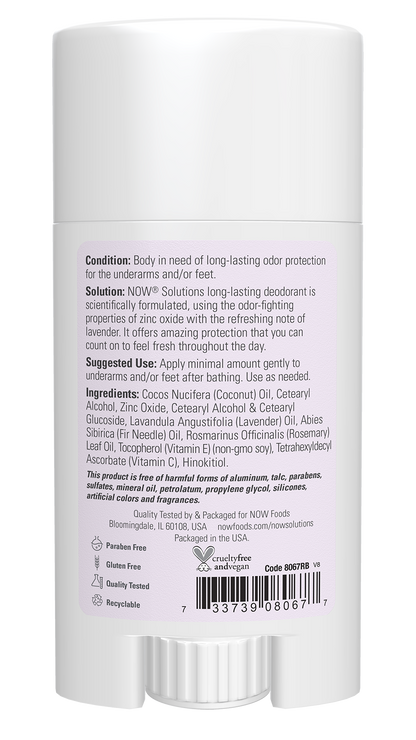 NOW Solutions, Deodorant Stick, Long Lasting, Refreshing Lavender, 2.2 oz