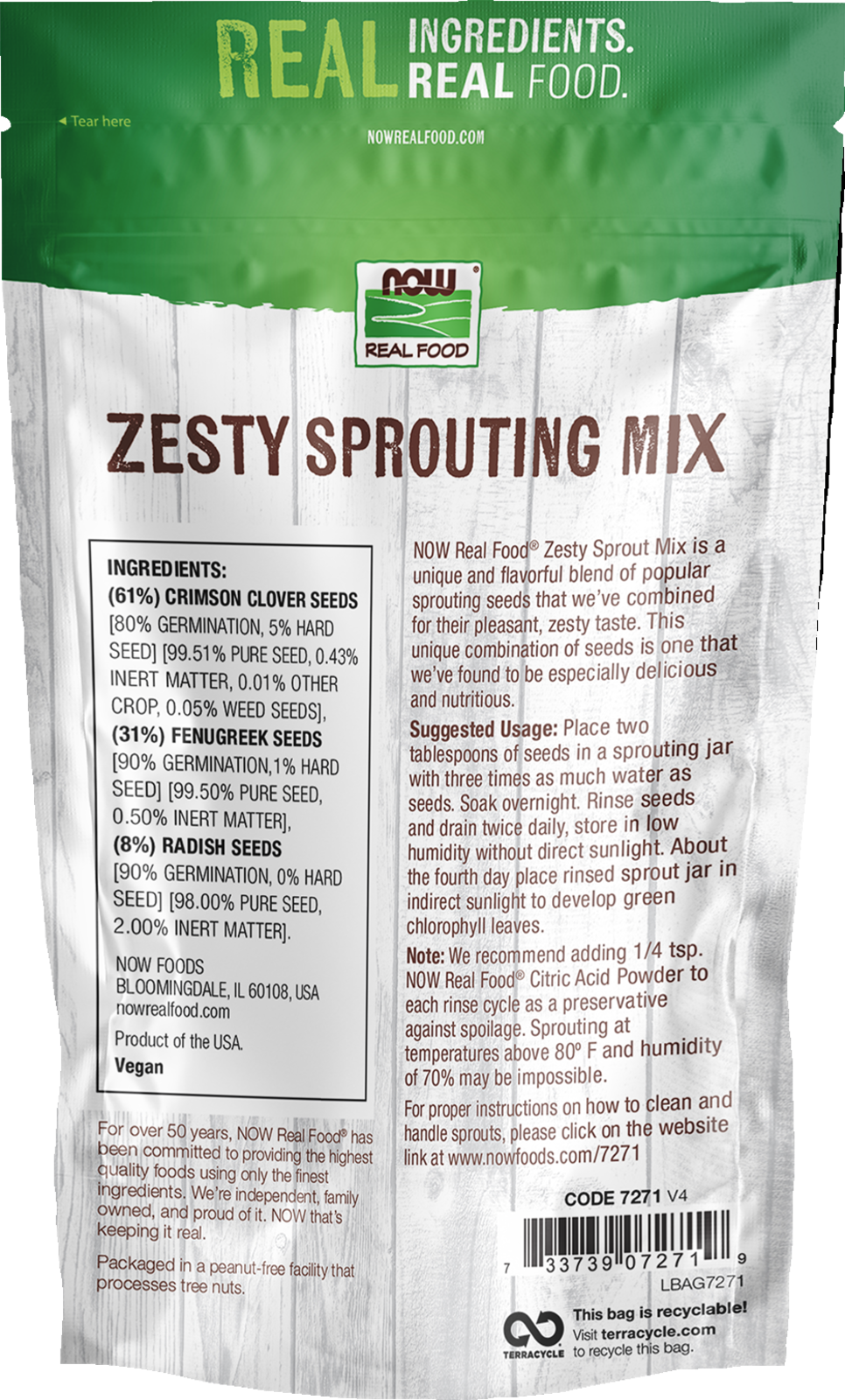 NOW Foods, Zesty Sprouting Mix, Clover, Fenugreek and Radish Seeds, 16 oz