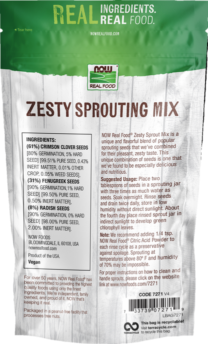 NOW Foods, Zesty Sprouting Mix, Clover, Fenugreek and Radish Seeds, 16 oz