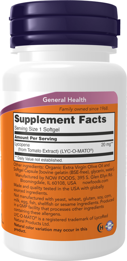 NOW Supplements, Lycopene 20 mg with Extract from Tomatoes, 50 Softgels