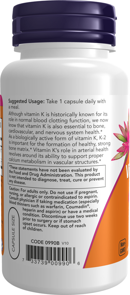 NOW Supplements, Vitamin K-2 100 mcg, Menaquinone-4 (MK-4), 100 Veg Caps
