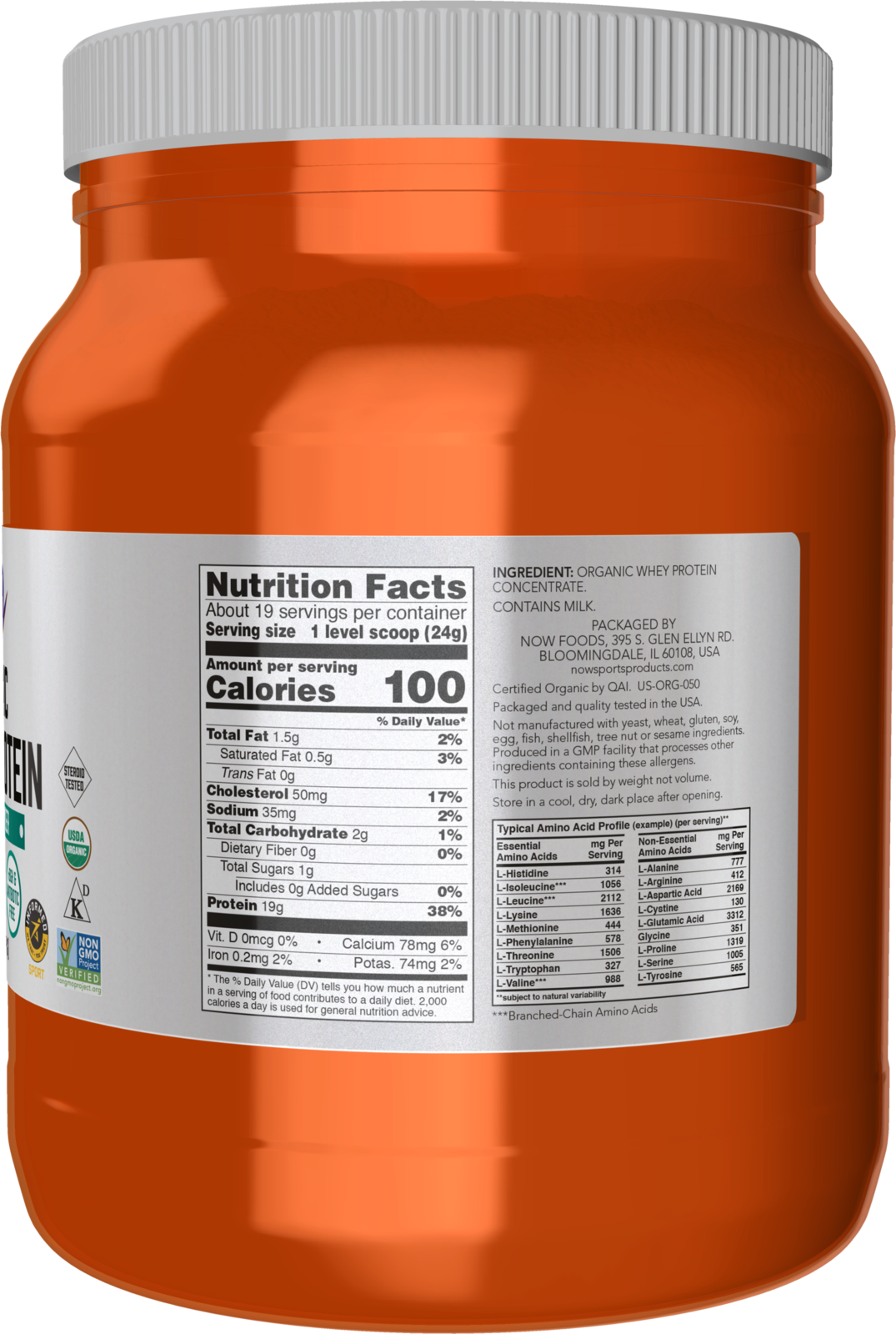 NOW Sports, Certified Organic Whey Protein 19g, Unflavored Powder, 1 lb