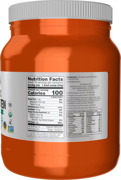 NOW Sports, Certified Organic Whey Protein 19g, Unflavored Powder, 1 lb