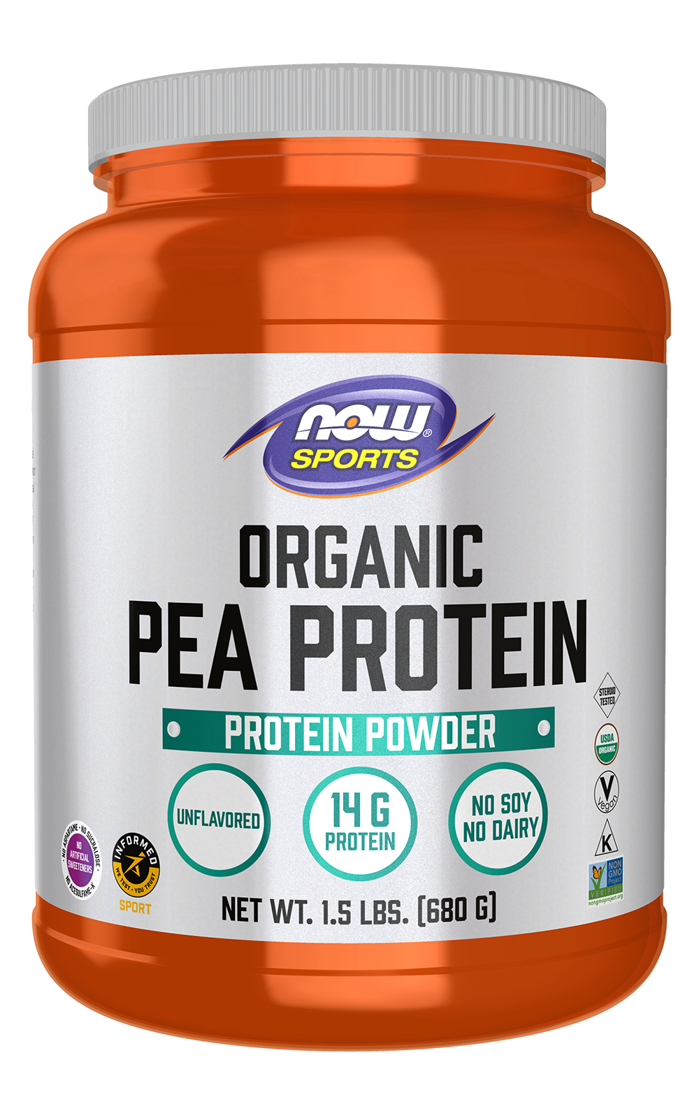 NOW Sports, Certified Organic Pea Protein 14g, Unflavored Powder, 1.5 lbs