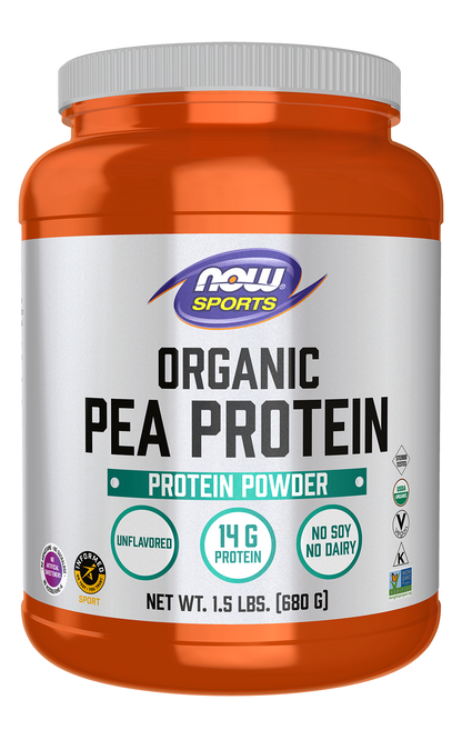 NOW Sports, Certified Organic Pea Protein 14g, Unflavored Powder, 1.5 lbs