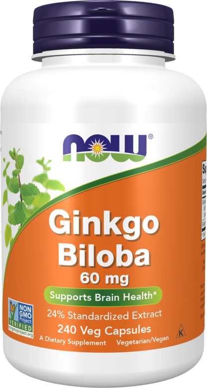 NOW Supplements, Ginkgo Biloba 60 mg, 24% Standardized Extract, Non-GMO Project Verified, 240 Veg Capsules