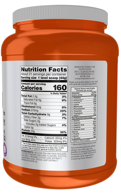 NOW Sports, Pea Protein 24 g, Easily Digested, Creamy Chocolate, 2 lbs