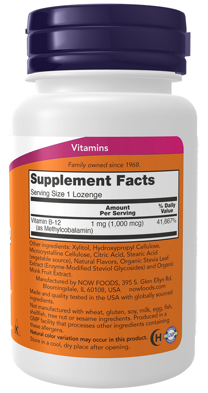NOW Supplements, Methyl B-12 1000 mcg, Nervous System Health*, 100 Lozenges