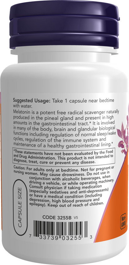 NOW Supplements, Melatonin 3 mg, Healthy Sleep Cycle*, 60 Veg Caps