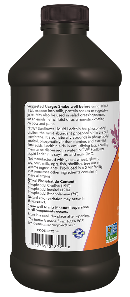 NOW Supplements, Sunflower Lecithin with naturally occurring Phosphatidyl Choline and Other Phosphatides, Liquid, 16-Ounce
