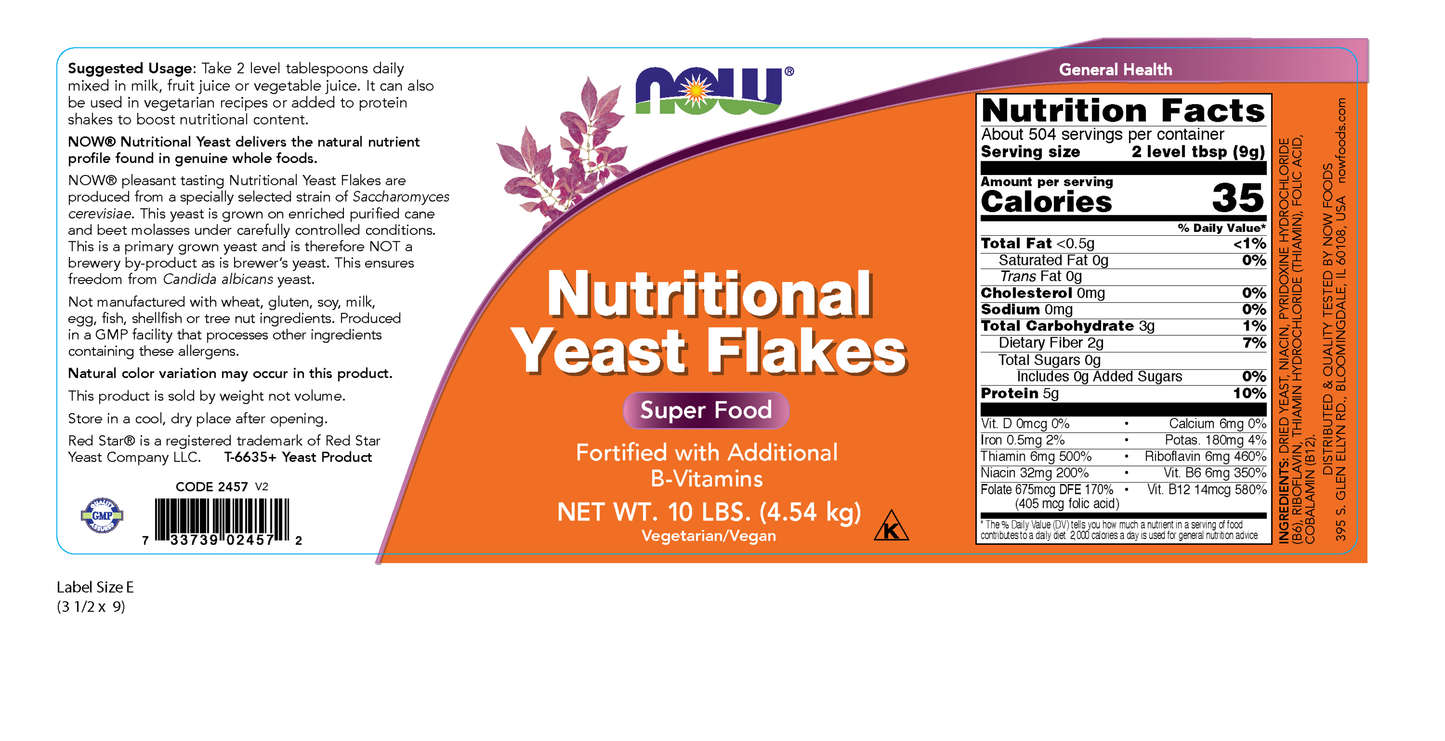 NOW Supplements, Nutritional Yeast Flakes, Fortified, 10 lb