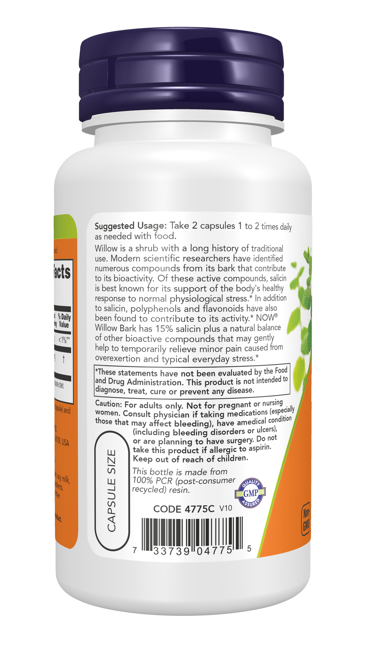 NOW Supplements, White Willow Bark 400 mg with 15% Salicin, 100 Veg Caps
