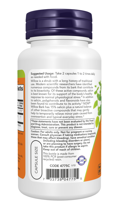 NOW Supplements, White Willow Bark 400 mg with 15% Salicin, 100 Veg Caps