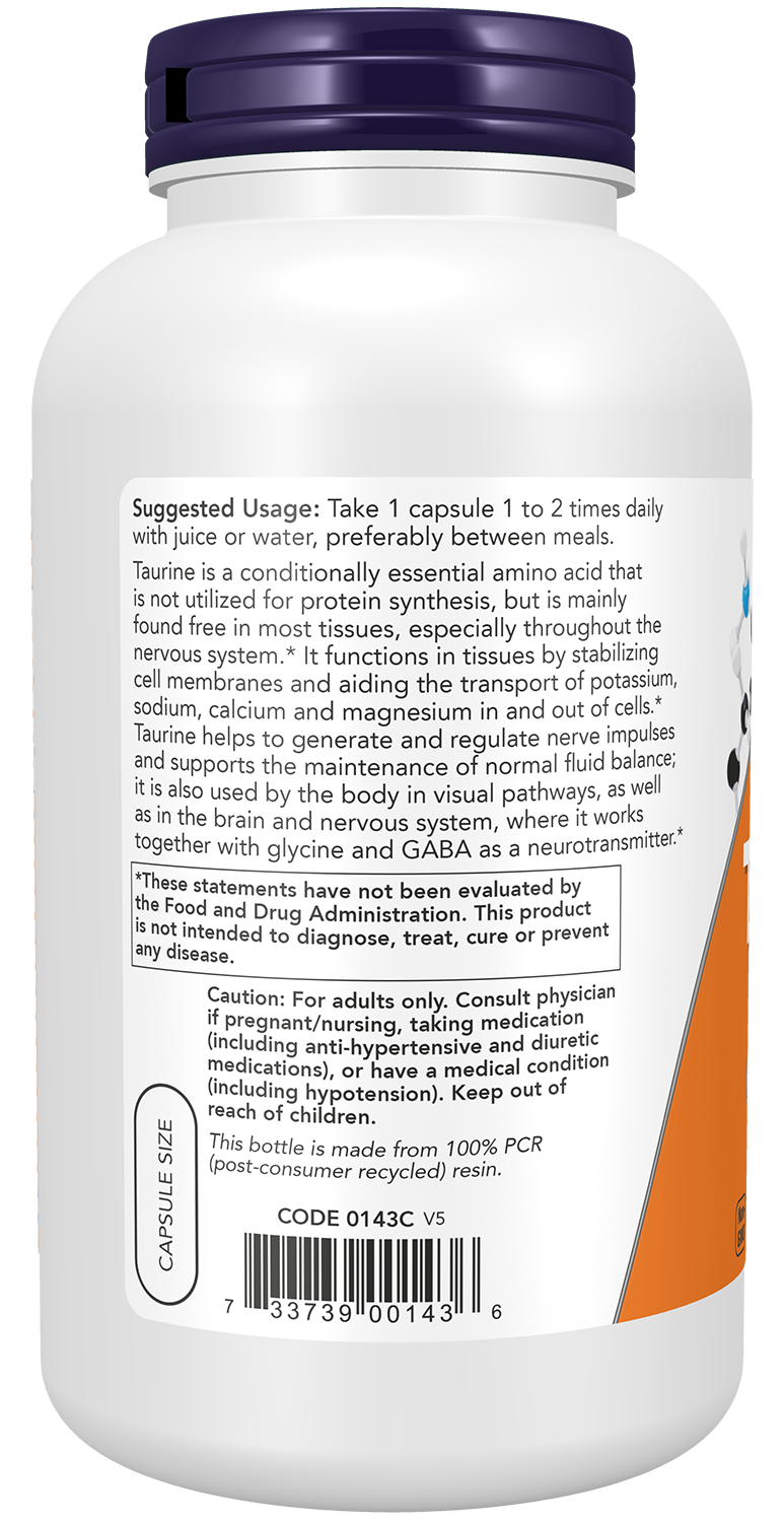 NOW Supplements, Taurine 1,000 mg, Double Strength, 250 Veg Caps