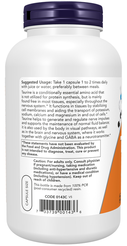 NOW Supplements, Taurine 1,000 mg, Double Strength, 250 Veg Caps