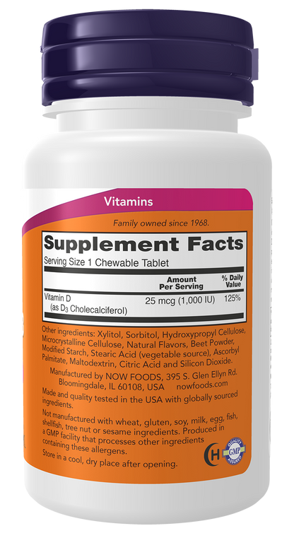 NOW Supplements, Vitamin D-3 1,000 IU, Structural Support*, 180 Chewables