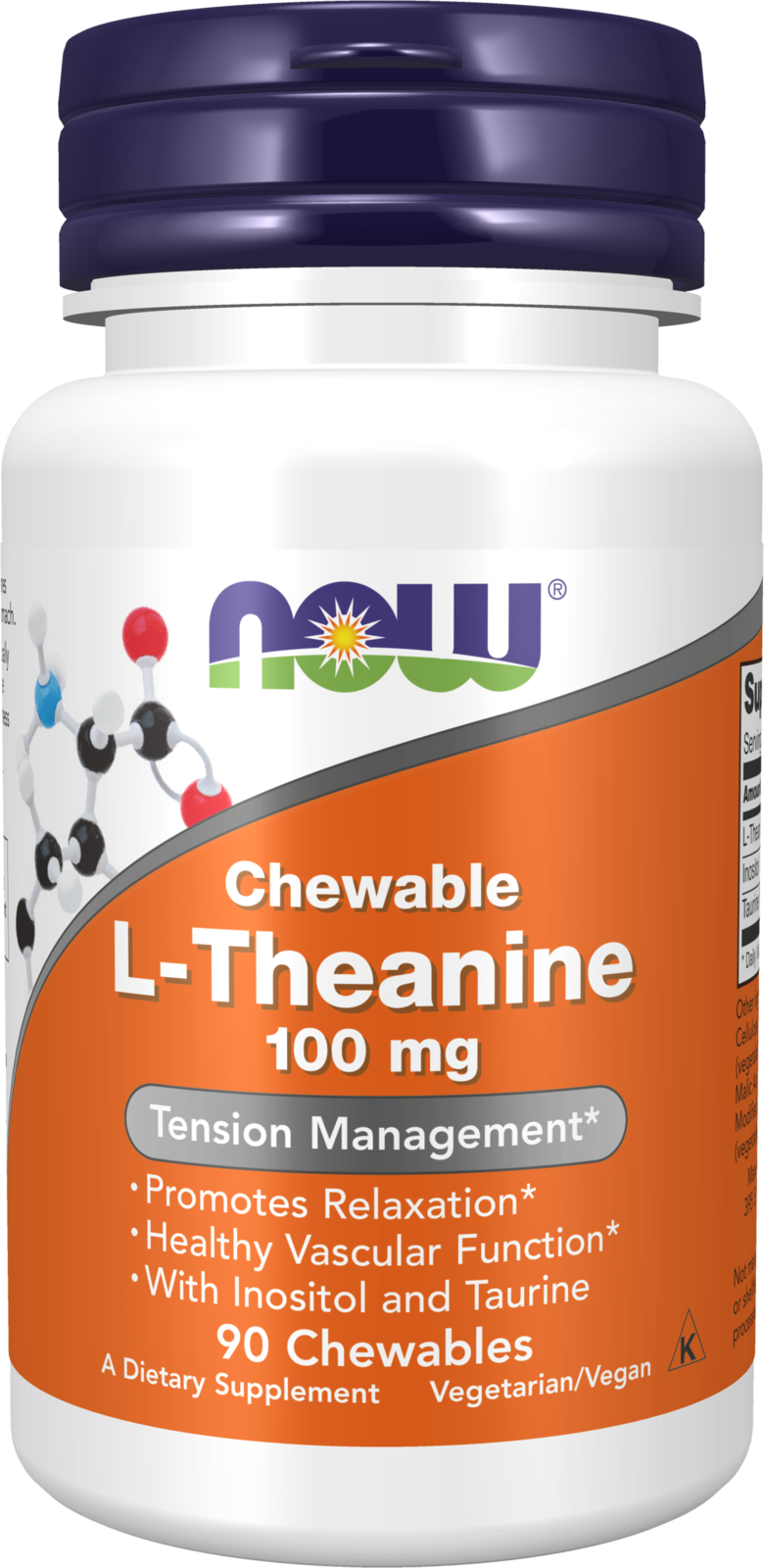 NOW Supplements, L-Theanine 100 mg with Inositol and Taurine, 90 Chewables