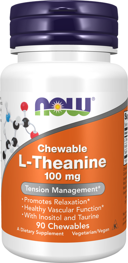 NOW Supplements, L-Theanine 100 mg with Inositol and Taurine, 90 Chewables