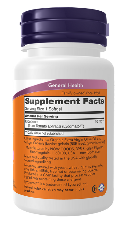 NOW Supplements, Lycopene 10 mg with Extract from Tomatoes, 60 Softgels