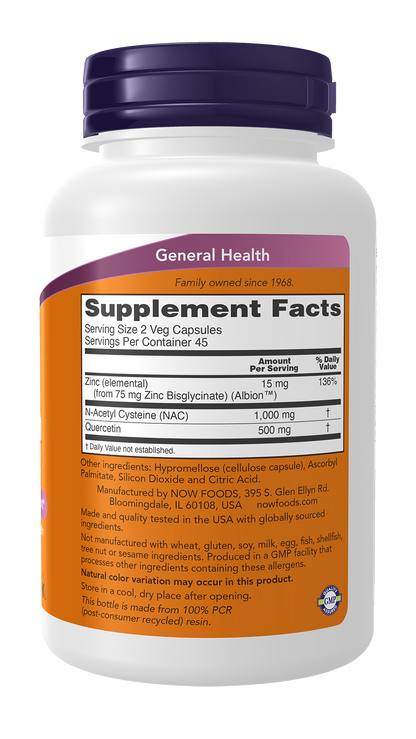 NOW Supplements, NAC Quercetin and Zinc, Respiratory Support*, 90 Veg Caps