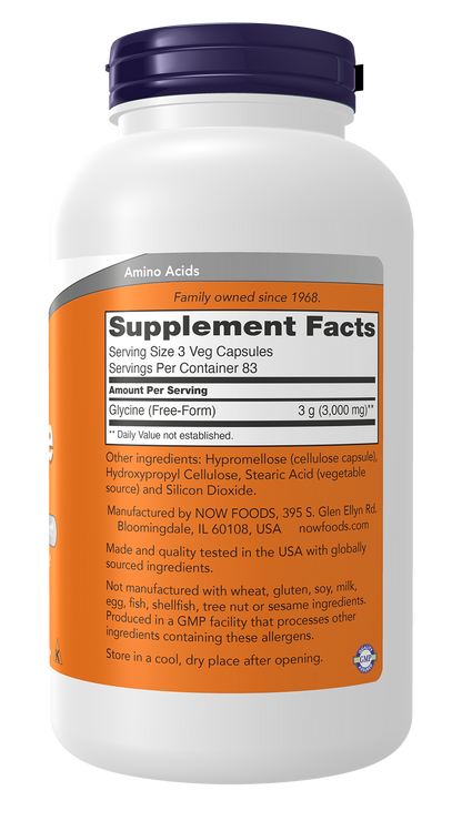 NOW Supplements, Glycine 1,000 mg, Free-Form, 250 Veg Caps