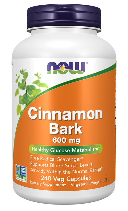 NOW Supplements, Cinnamon Bark 600 mg, Non-GMO Project Verified, Healthy Glucose Metabolism*, 240 Veg Capsules