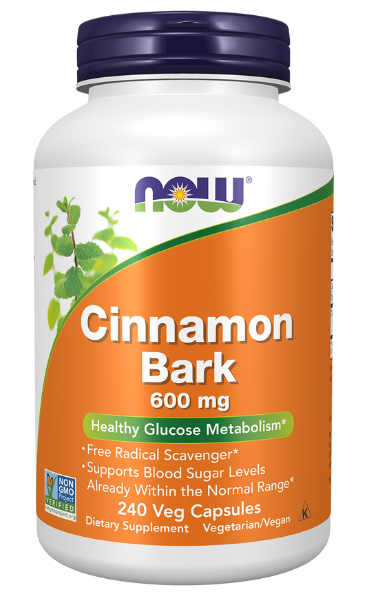 NOW Supplements, Cinnamon Bark 600 mg, Non-GMO Project Verified, Healthy Glucose Metabolism*, 240 Veg Capsules