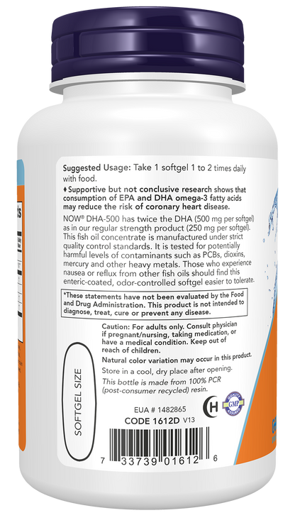 NOW Supplements, DHA-500 with 250 EPA, Molecularly Distilled, 90 Softgels