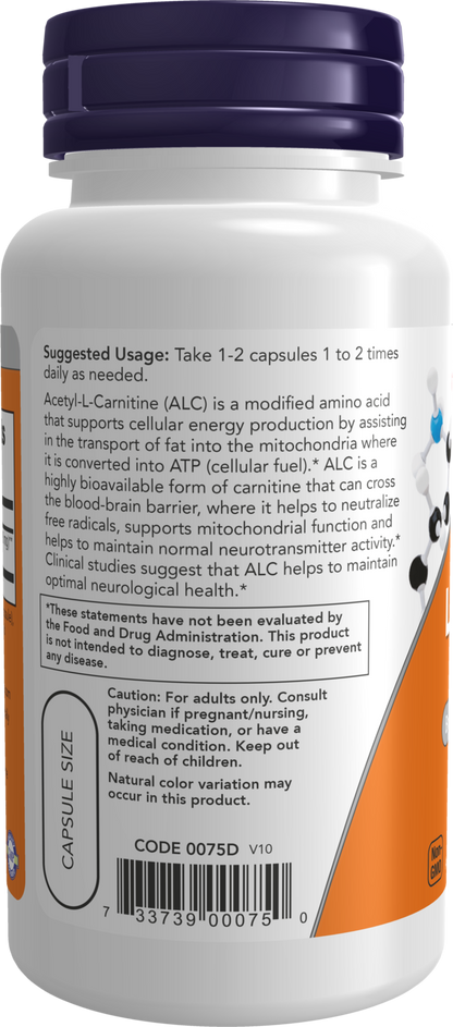 NOW Supplements, Acetyl-L Carnitine 500 mg, Brain Energy*, 50 Veg Caps