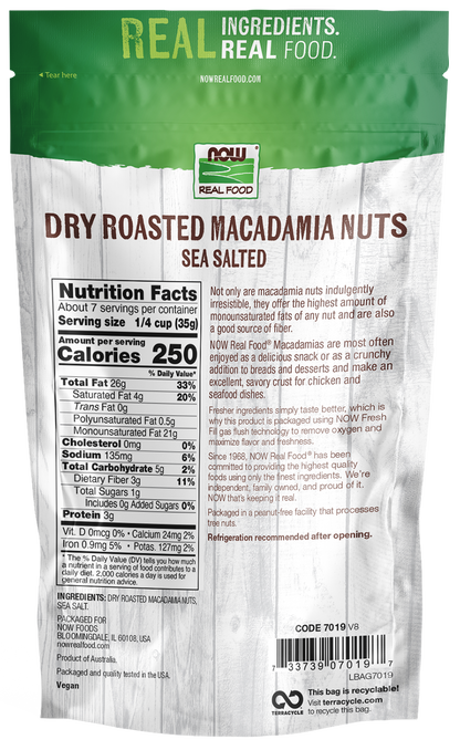 NOW Foods, Macadamia Nuts, Dry Roasted, Sea Salted, Source of Fiber, 9 oz
