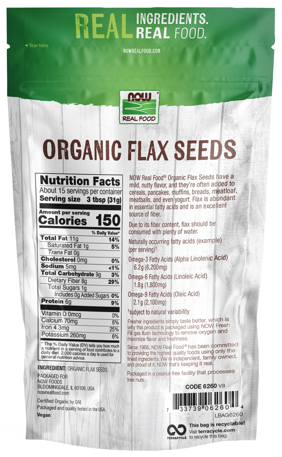 NOW Foods, Organic Flax Seeds, Excellent Source of Fiber, 1 lb